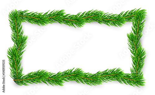 Christmas branch frame 3D. Green garland border isolated on white background. Template texture for holiday banner, decoration, invitation, New Year card. Elegant realistic design Vector illustration