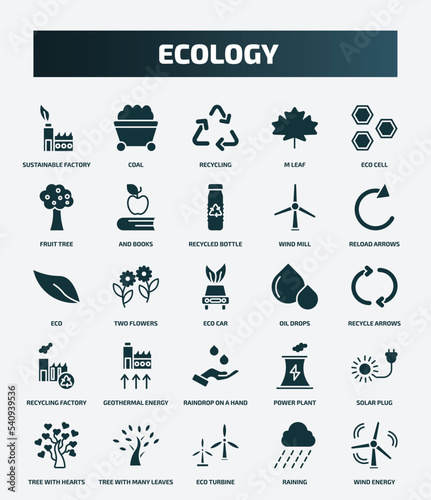 set of 25 filled ecology icons. flat filled icons such as sustainable factory, coal, eco cell, recycled bottle, eco, oil drops, geothermal energy, solar plug, eco turbine, raining icons.