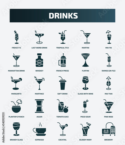 set of 25 filled drinks icons. flat filled icons such as french 75, last word drink, mai tai, french press, margarita, glass with wine, jigger, pink rose, cocktail, bloody mary icons.