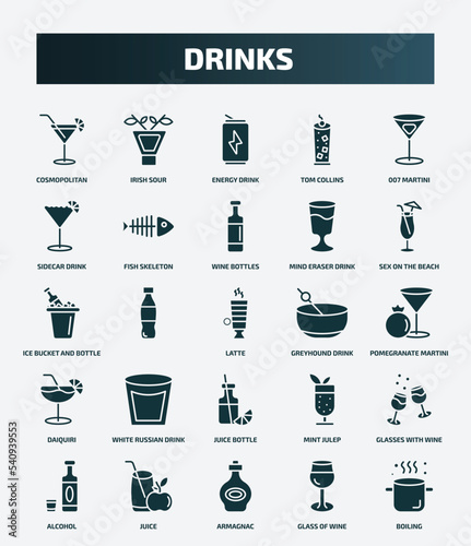 set of 25 filled drinks icons. flat filled icons such as cosmopolitan, irish sour, 007 martini, wine bottles, ice bucket and bottle, greyhound drink, white russian drink, glasses with wine,