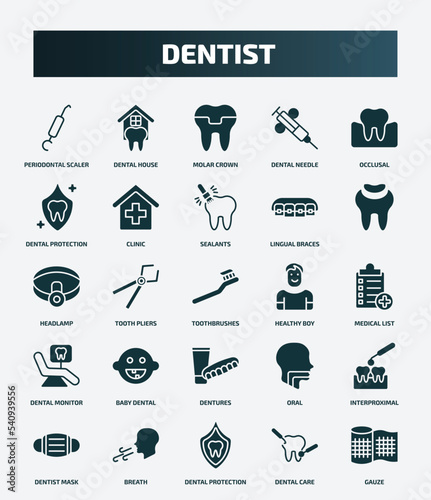 set of 25 filled dentist icons. flat filled icons such as periodontal scaler, dental house, occlusal, sealants, headlamp, healthy boy, baby dental, interproximal, dental protection, care icons. photo