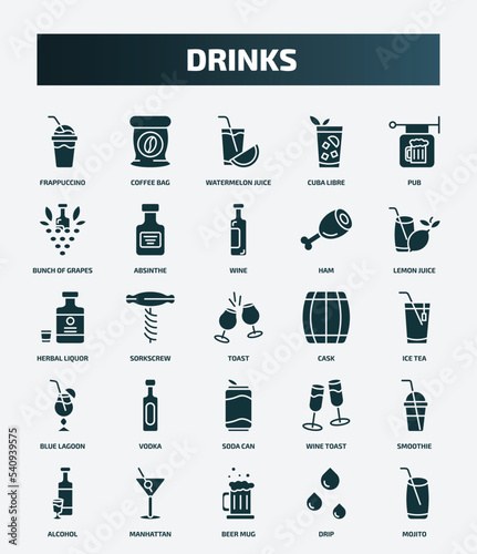 set of 25 filled drinks icons. flat filled icons such as frappuccino, coffee bag, pub, wine, herbal liquor, cask, vodka, smoothie, beer mug, drip icons.