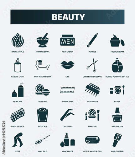 set of 25 filled beauty icons. flat filled icons such as hair sample, mortar bowl, facial cream, lips, skincare, nail brush, big scale, nail polish, concealer, little makeup box icons.
