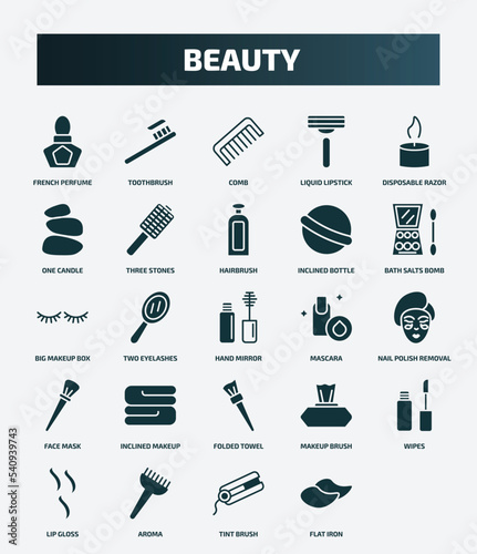 set of 25 filled beauty icons. flat filled icons such as french perfume, toothbrush, disposable razor, hairbrush, big makeup box, mascara, inclined makeup brush, wipes, tint brush, flat iron icons.