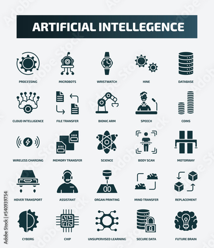 set of 25 filled artificial intellegence icons. flat filled icons such as processing, microbots, database, bionic arm, wireless charging, body scan, assistant, replacement, unsupervised learning,