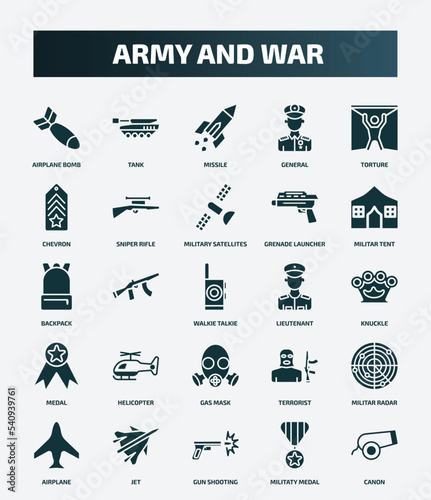 set of 25 filled army and war icons. flat filled icons such as airplane bomb, tank, torture, military satellites, backpack, lieutenant, helicopter, militar radar, gun shooting, militaty medal icons.