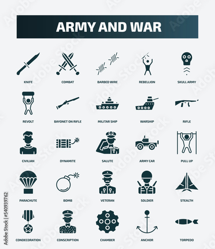 set of 25 filled army and war icons. flat filled icons such as knife, combat, skull army, militar ship, civilian, army car, bomb, stealth, chamber, anchor icons.
