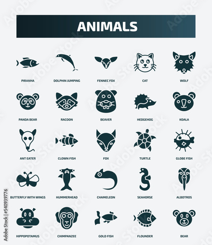 set of 25 filled animals icons. flat filled icons such as piranha, dolphin jumping, wolf, beaver, ant eater, turtle, hummerhead, albotros, gold fish, flounder icons.