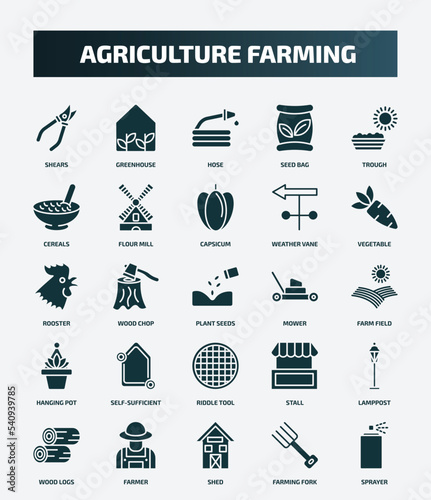 set of 25 filled agriculture farming icons. flat filled icons such as shears, greenhouse, trough, capsicum, rooster, mower, self-sufficient, lamppost, shed, farming fork icons.