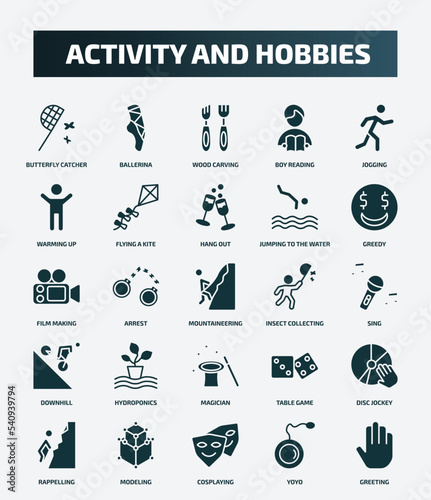 set of 25 filled activity and hobbies icons. flat filled icons such as butterfly catcher  ballerina  jogging  hang out  film making  insect collecting  hydroponics  disc jockey  cosplaying  yoyo