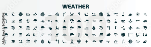set of 100 weather filled icons set. flat icons such as haze, isobars, bolt, rainfall, thunderstorm, thermometer, farenheit, freezing, hurricane, summer glyph icons.