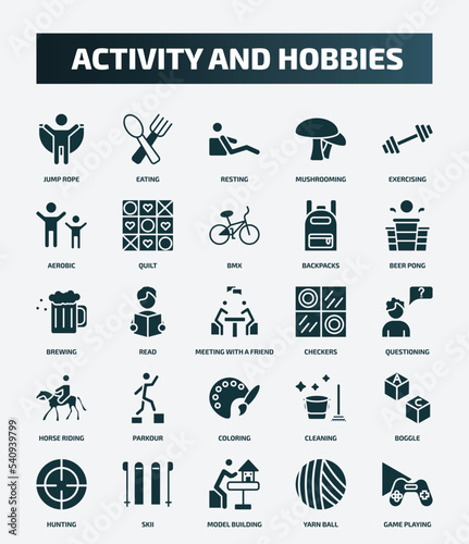 set of 25 filled activity and hobbies icons. flat filled icons such as jump rope, eating, exercising, bmx, brewing, checkers, parkour, boggle, model building, yarn ball icons.