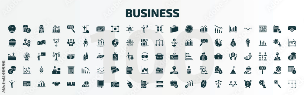 set of 100 business filled icons set. flat icons such as man with moustach, success man, infographic elements, briefcase tings, euro coins stack, laptop analysis, man success, pound coin on hands,