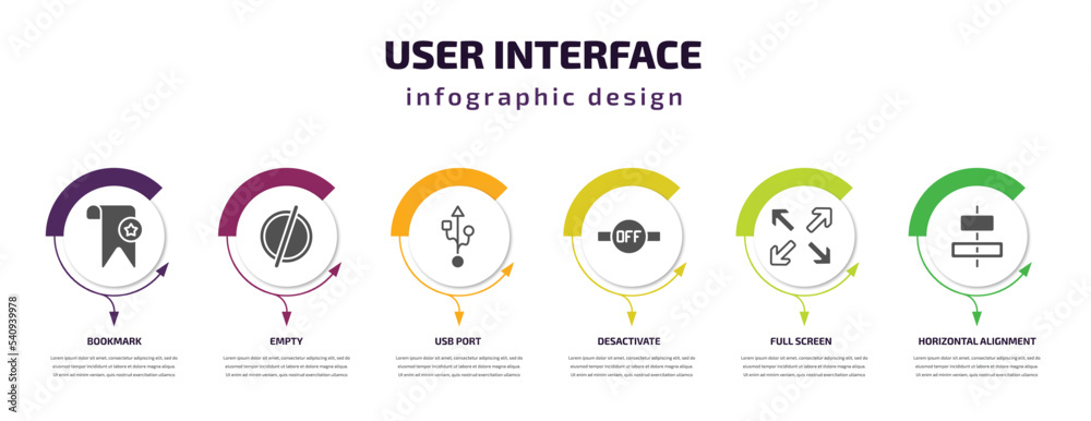 user interface infographic template with icons and 6 step or option. user interface icons such as bookmark, empty, usb port, desactivate, full screen, horizontal alignment vector. can be used for