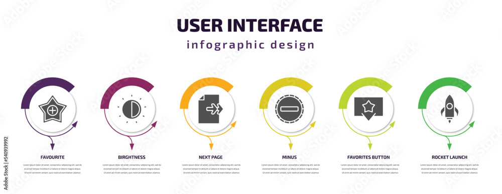 user interface infographic template with icons and 6 step or option. user interface icons such as favourite, birghtness, next page, minus, favorites button, rocket launch vector. can be used for