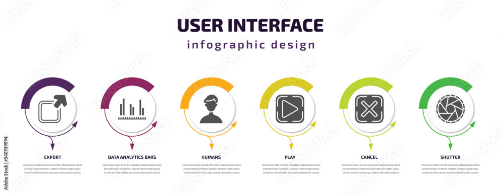 user interface infographic template with icons and 6 step or option. user interface icons such as export, data analytics bars, humans, play, cancel, shutter vector. can be used for banner, info user interface infographic template with icons and 6 step or option. user interface icons such as export, data analytics bars, humans, play, cancel, shutter vector. can be used for banner, info