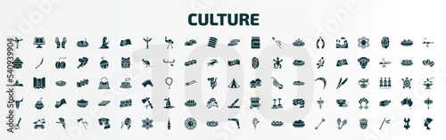 set of 100 culture filled icons set. flat icons such as capoeira brazil dancers, portuguese, turron, native american wigwam, skull of a bull, spring rolls, kora, native american drum, australian