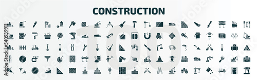 set of 100 construction filled icons set. flat icons such as bulldozer, inclined ax, inclined hammer, adjustment system, big clippers, construction plan, grinder, brickwall, derrick with load,