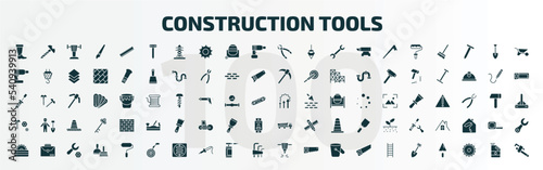 set of 100 construction tools filled icons set. flat icons such as rubber boots, boning rod, plier, improvement, nuts and bolts, dumper, carpenter cutter, measuring wheel, jackhammer, spade tool