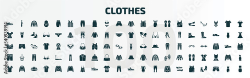 set of 100 clothes filled icons set. flat icons such as leather derby shoe  padded vest  collarless cotton shirt  jumpsuit  chino shorts  circle skirt  v neck shirt  pullover  shoes  sleeveless