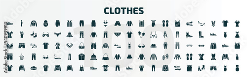 set of 100 clothes filled icons set. flat icons such as leather derby shoe, padded vest, collarless cotton shirt, jumpsuit, chino shorts, circle skirt, v neck shirt, pullover, shoes, sleeveless