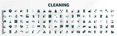 set of 100 cleaning filled icons set. flat icons such as hot water, clean, states of matter, shower head, mop, glass cleaning, floor mop, deodorizer, dustpan cleanin, garbage truck glyph icons.