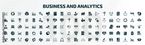 set of 100 business and analytics filled icons set. flat icons such as diagram, cogwheel hine part, businessman analysis, stock data analysis, investigate, merge charts, legal, user stats,