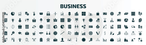 set of 100 business filled icons set. flat icons such as businesswomen, empty box, corporation, men couple, progress report, journalist id card, employee going to work, tactic, black tie, coin