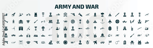 set of 100 army and war filled icons set. flat icons such as warship, revolt, airplane bomb, torpedo, soldier, combat, grenade launcher, brigade, civilian, bomb glyph icons.