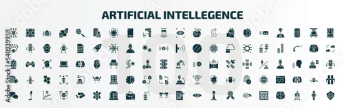 set of 100 artificial intellegence filled icons set. flat icons such as bionic eye, secure data, eye tracking, bionic arm, evaluation, speech, speech bubble, science, check list, ai grid glyph
