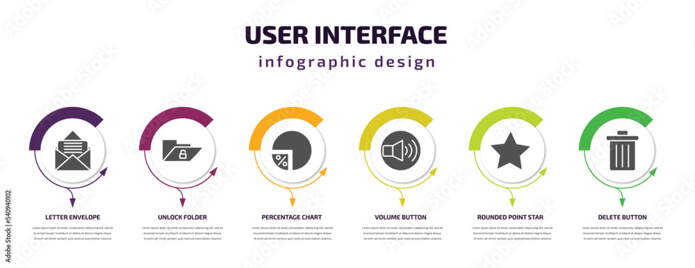 user interface infographic template with icons and 6 step or option. user interface icons such as letter envelope, unlock folder, percentage chart, volume button, rounded point star, delete button