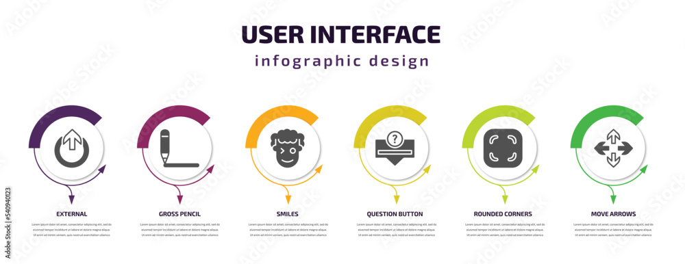 user interface infographic template with icons and 6 step or option. user interface icons such as external, gross pencil, smiles, question button, rounded corners square, move arrows vector. can be