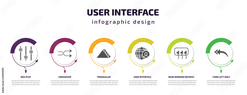 user interface infographic template with icons and 6 step or option. user interface icons such as box plot, crossover, triangular, user interface, rear window defrost, turn left only vector. can be