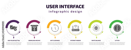 user interface infographic template with icons and 6 step or option. user interface icons such as add folder button, download archive, anti clockwise, internet modem, white balance, letter i vector.