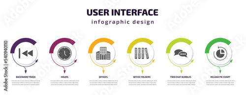user interface infographic template with icons and 6 step or option. user interface icons such as backward track, hours, offices, office folders, two chat bubbles, reload pie chart vector. can be