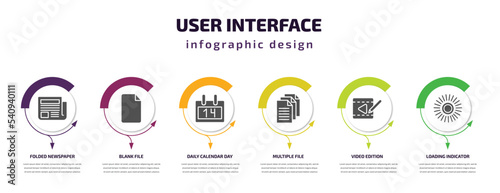 user interface infographic template with icons and 6 step or option. user interface icons such as folded newspaper, blank file, daily calendar day 14, multiple file, video edition, loading indicator