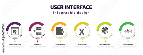 user interface infographic template with icons and 6 step or option. user interface icons such as direct selection, page break, export archive, superscript, painter palette, strikethrough vector.