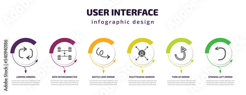 user interface infographic template with icons and 6 step or option. user interface icons such as looping arrows, data interconnected, sketch loop arrow, multitasking worker, turn up arrow, spinning