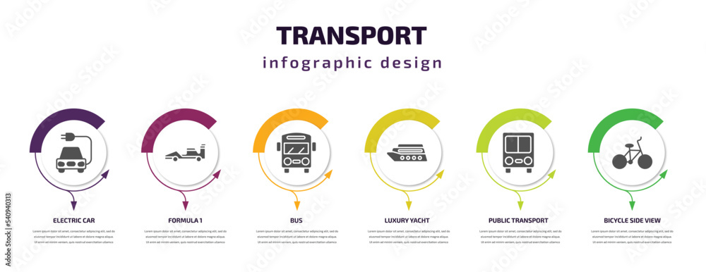 transport infographic template with icons and 6 step or option. transport icons such as electric car, formula 1, bus, luxury yacht, public transport, bicycle side view vector. can be used for