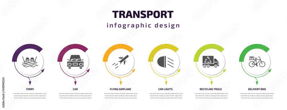 transport infographic template with icons and 6 step or option. transport icons such as ferry, car, flying airplane, car lights, recycling truck, delivery bike vector. can be used for banner, info transport infographic template with icons and 6 step or option. transport icons such as ferry, car, flying airplane, car lights, recycling truck, delivery bike vector. can be used for banner, info