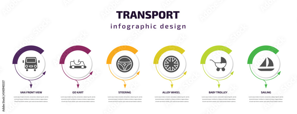 transport infographic template with icons and 6 step or option. transport icons such as van front view, go kart, steering, alloy wheel, baby trolley, sailing vector. can be used for banner, info - obrazy, fototapety, plakaty 