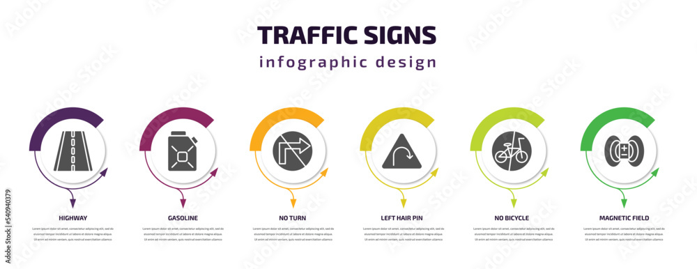 traffic signs infographic template with icons and 6 step or option. traffic signs icons such as highway, gasoline, no turn, left hair pin, no bicycle, magnetic field vector. can be used for banner,