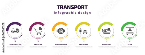 transport infographic template with icons and 6 step or option. transport icons such as loaded truck side view, babysitter, workshop repair, parking men, fishing boat, lifter vector. can be used for