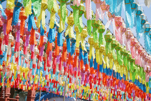 Colorful perspective view of Thai Lanna style lanterns to hang in front of the temple in hundred thousand lanterns festival, Lumphun, Thailand.