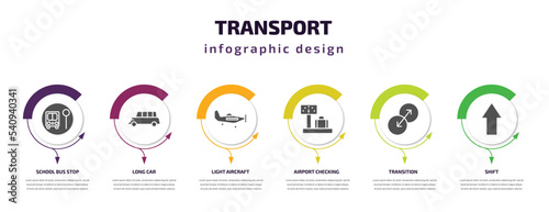 transport infographic template with icons and 6 step or option. transport icons such as school bus stop, long car, light aircraft, airport checking, transition, shift vector. can be used for banner,
