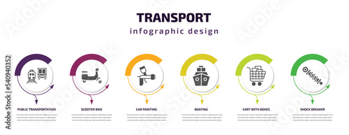 transport infographic template with icons and 6 step or option. transport icons such as public transportation, scooter bike, car painting, boating, cart with boxes, shock breaker vector. can be used