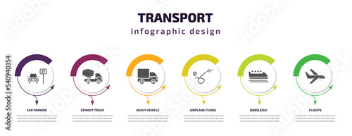 transport infographic template with icons and 6 step or option. transport icons such as car parking, cement truck, heavy vehicle, airplane flying, bobsleigh, flights vector. can be used for banner,