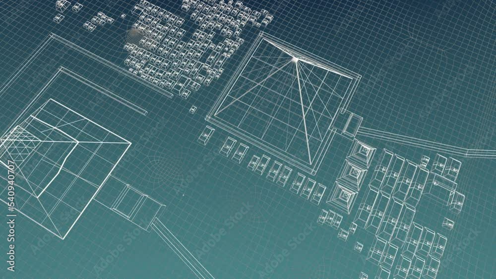 3D animation of a pyramid on the Giza plateau in Egypt high angle wireframe