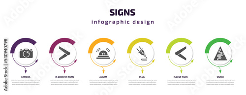 signs infographic template with icons and 6 step or option. signs icons such as camera, is greater than, alarm, plug, is less than, snake vector. can be used for banner, info graph, web,