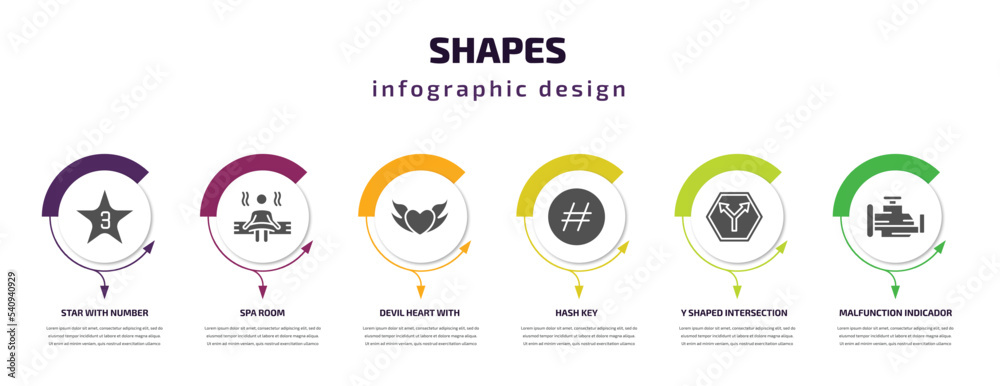 shapes infographic template with icons and 6 step or option. shapes icons such as star with number three, spa room, devil heart with wings, hash key, y shaped intersection, malfunction indicador